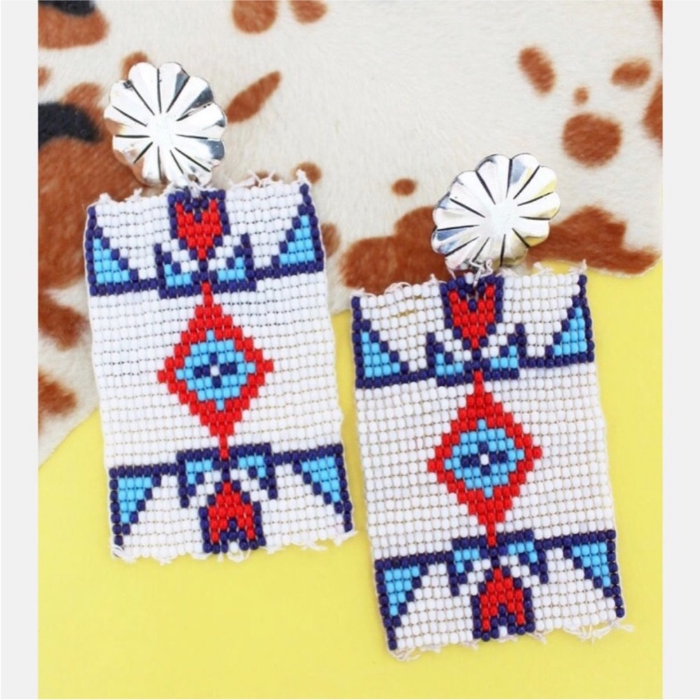 Southwest Seed Bead Banner Earrings – Red Blue White Concho Top